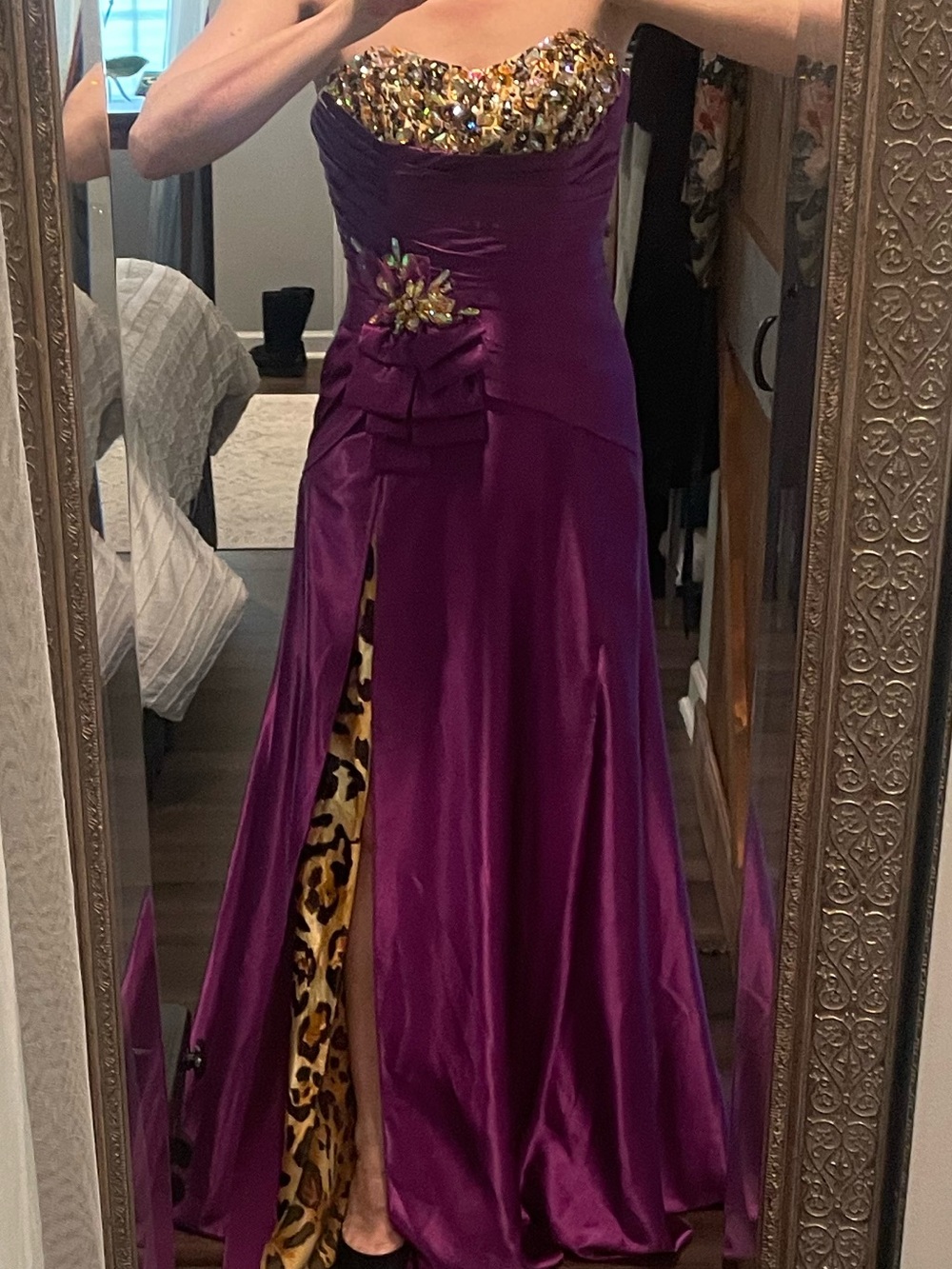 Tony Bowls Strapless Purple Evening Gown with Leopard Accent